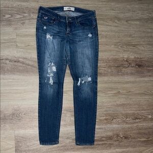 Hollister Women's Distressed Skinny Jeans in Dark Blue